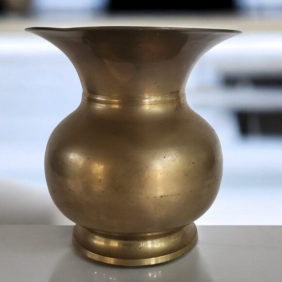 BRASS VASE 6" Wide Mouth Bud Pedestal Patina Metal Made in India #4222 - Picture 1 of 6